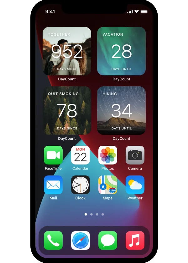 DayCount widgets on an iPhone Home Screen